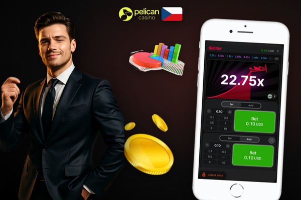 Pelican Casino Aviator app – dvě mobilní obrazovky s průběhem kola a historií