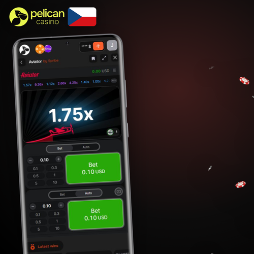 Aviator demo v Pelican Casino – červené letadlo stoupá po křivce násobitele