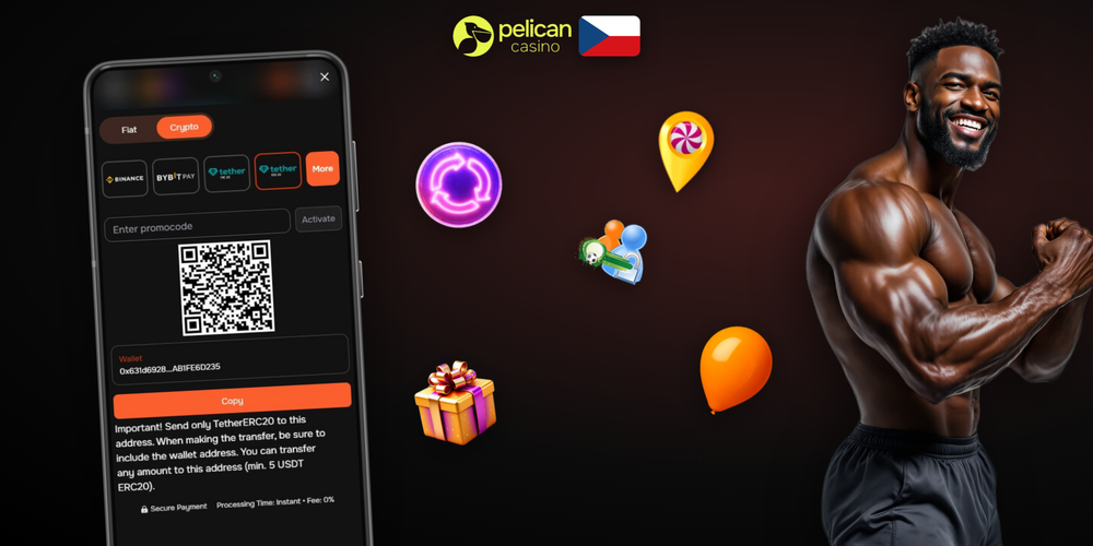 Stylizovaný převod BTC, ETH a USDT do Pelican Casino přes krypto peněženku